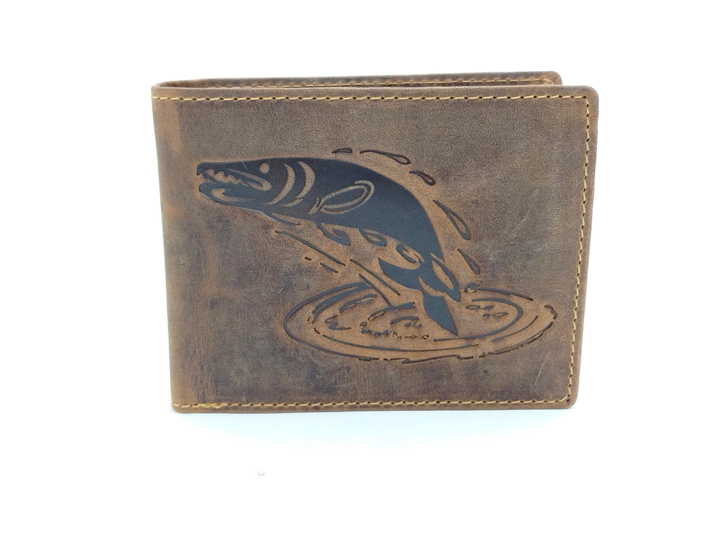 Angler Geldbörse Hecht Brieftasche Lederbörse braun Fisch