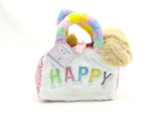 Plüsch-Handtasche Happy weiß-rosa mit hellbraunem Hund