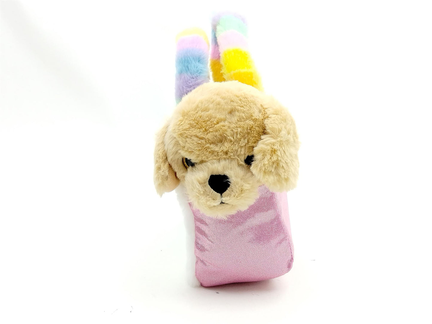 Plüsch-Handtasche Happy weiß-rosa mit hellbraunem Hund