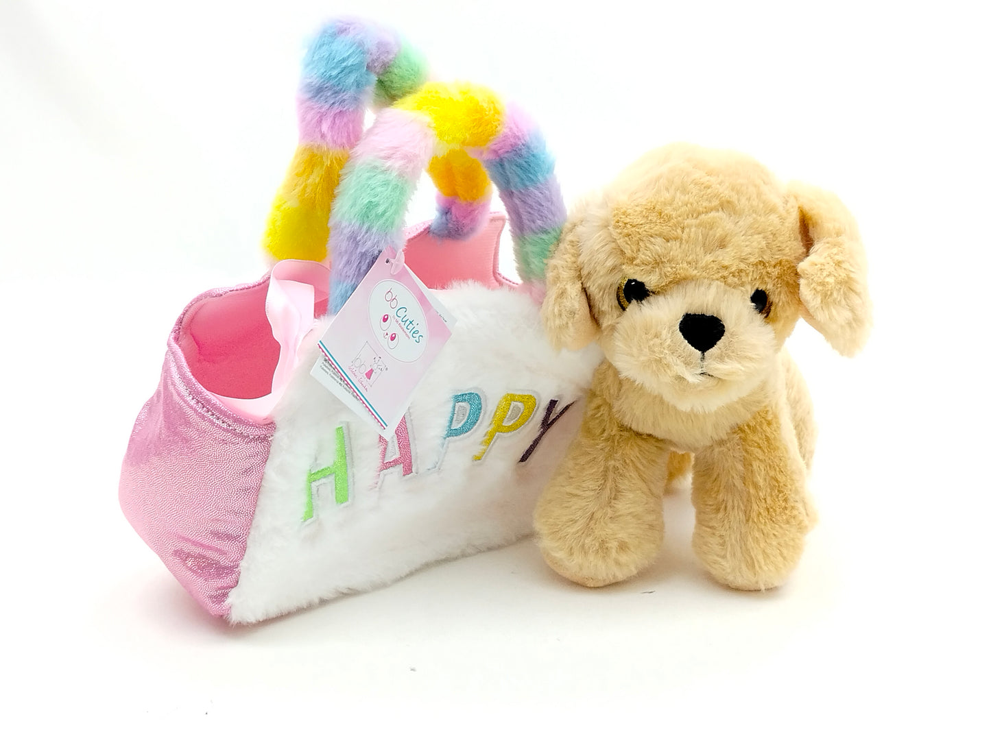 Plüsch-Handtasche Happy weiß-rosa mit hellbraunem Hund