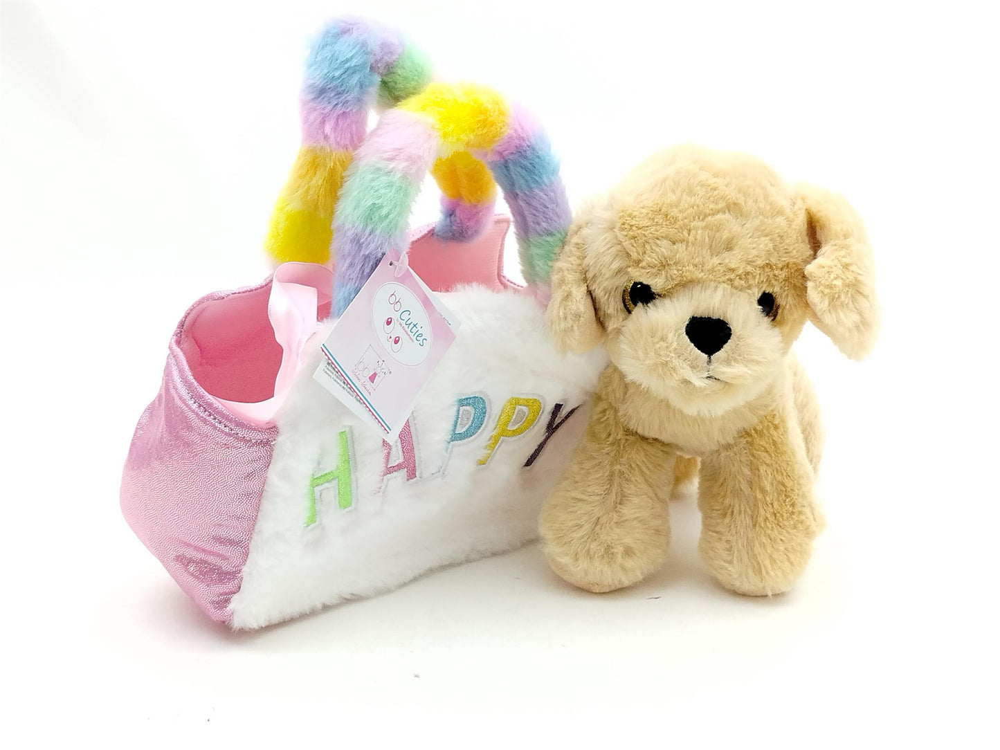 Plüsch-Handtasche Happy weiß-rosa mit hellbraunem Hund