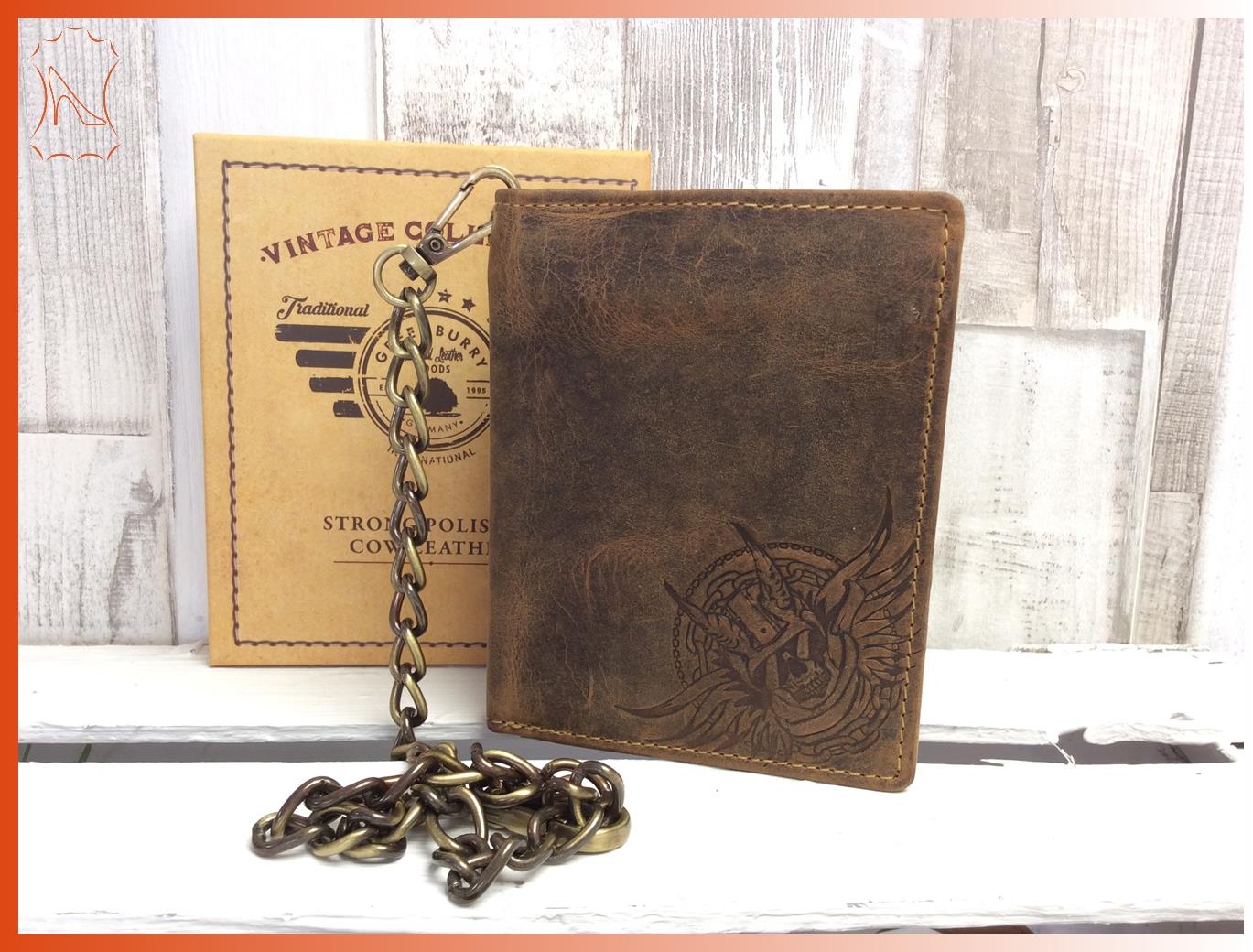 Totenkopf Geldbörse Vintage Fettleder mit Kette braun Antikleder Skull