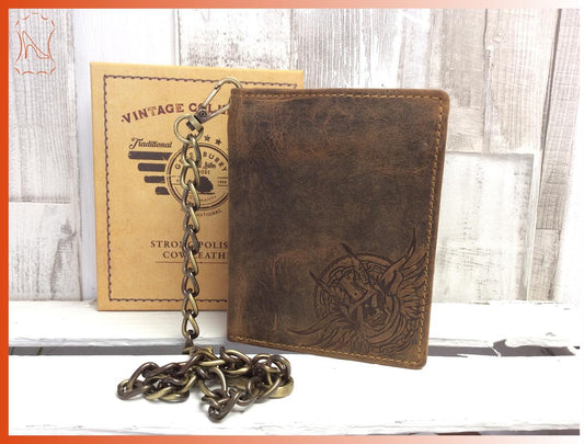 Totenkopf Geldbörse Vintage Fettleder mit Kette braun Antikleder Skull