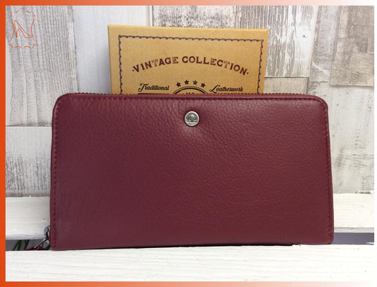 Damen Geldbörse Leder Reißverschluss – große RV-Börse mit 12 Kartenfächern, Portemonnaie rot im Querformat