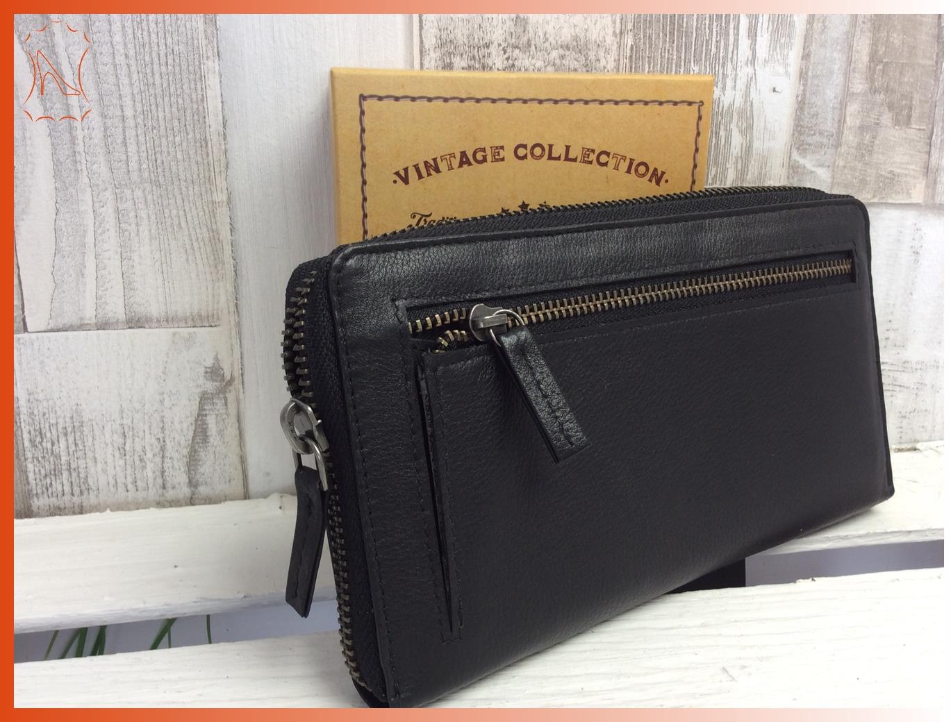 Damen Langbörse schwarz aus Leder mit Reißverschluss und vielen Kartenfächern