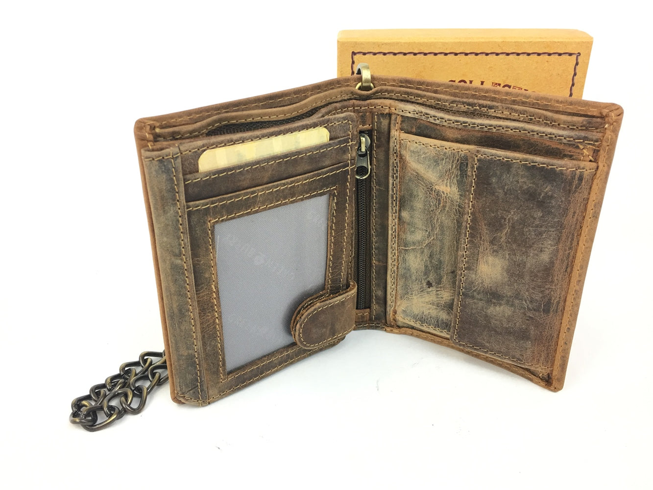LKW Trucker Geldbörse Fettleder mit Kette Antikleder Kettenbörse braun