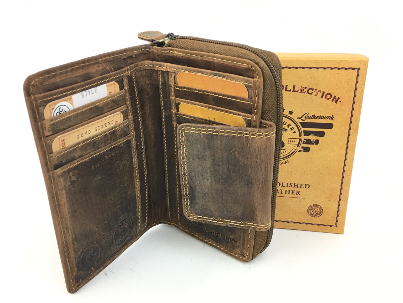 Vintage Lederbörse Antikleder braun Fettleder Reißverschluss Damen Riegel Klappe