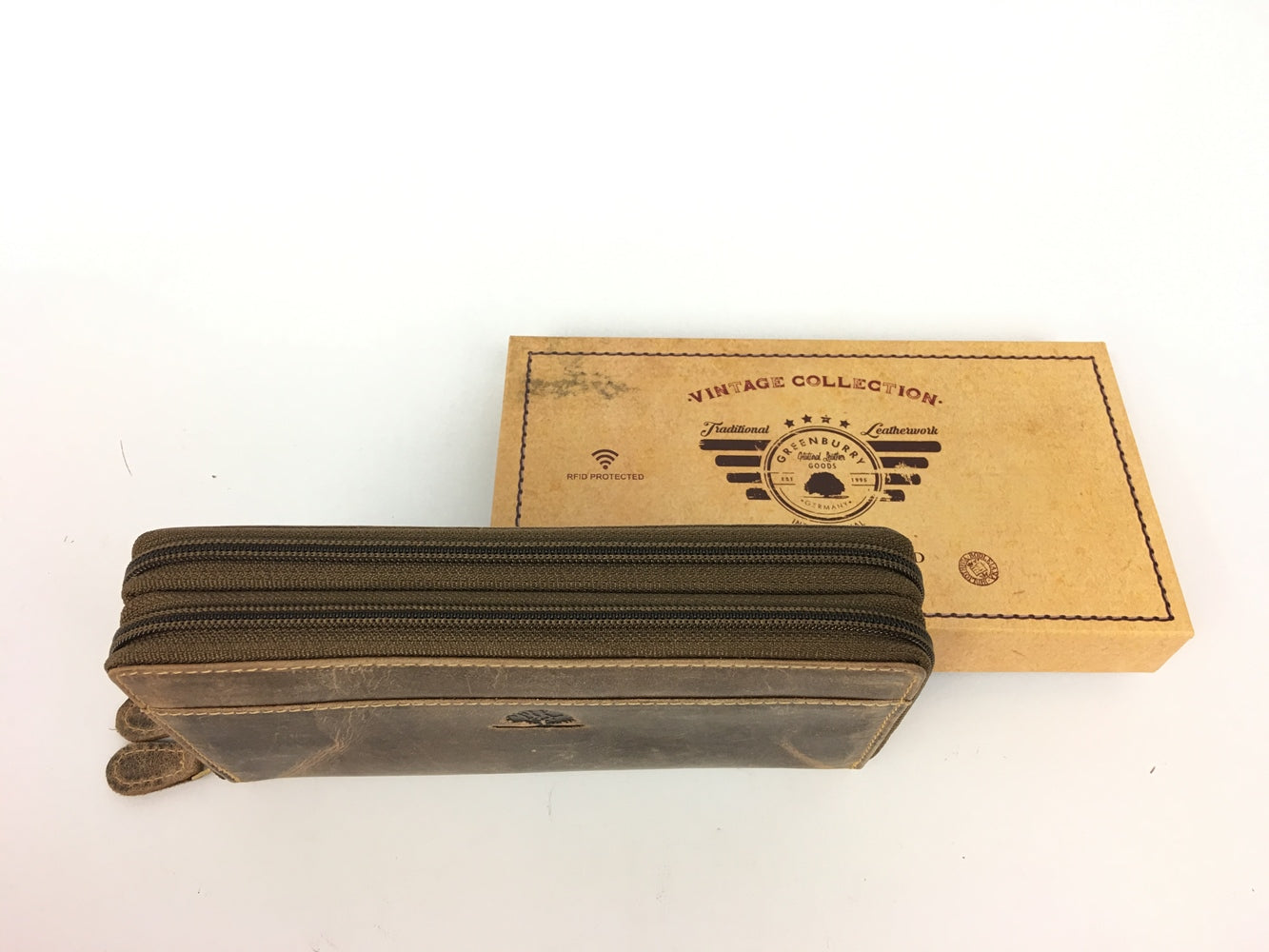 Damen Geldbörse Vintage Leder Doppel-Reißverschluss RFID-Schutz braun