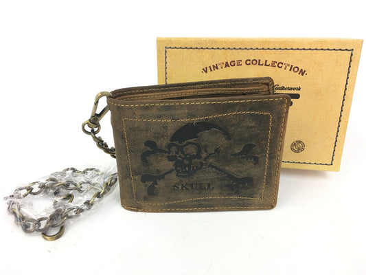 Vintage Totenkopf Geldbörse mit Kette aus Leder in Braun für Herren