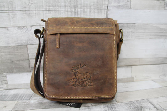 Leder Umhängetasche Herren Vintage braun – Schultertasche aus Rindleder mit Hirschprägung – Greenburry Flapzip Tasche