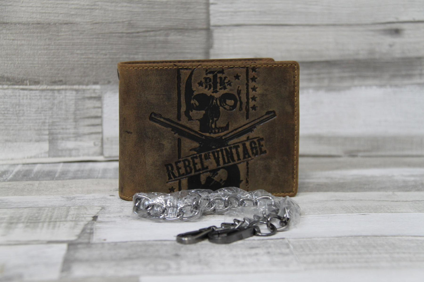 Herren Kettenbörse Leder antikbraun – Vintage Totenkopf Scheintasche Männerbörse