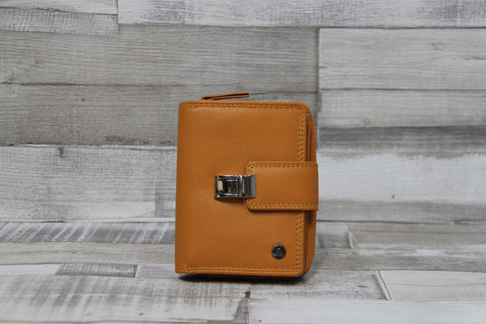 Damen Geldbörse Leder gelb – kompakte Lederbörse mit Reißverschluss, 9 Kartenfächern & Steckverschluss