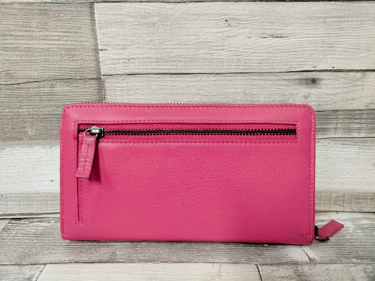Damen Geldbörse Leder fuchsia – große Lederbörse mit Reißverschluss, 10 Kartenfächern & Querformat