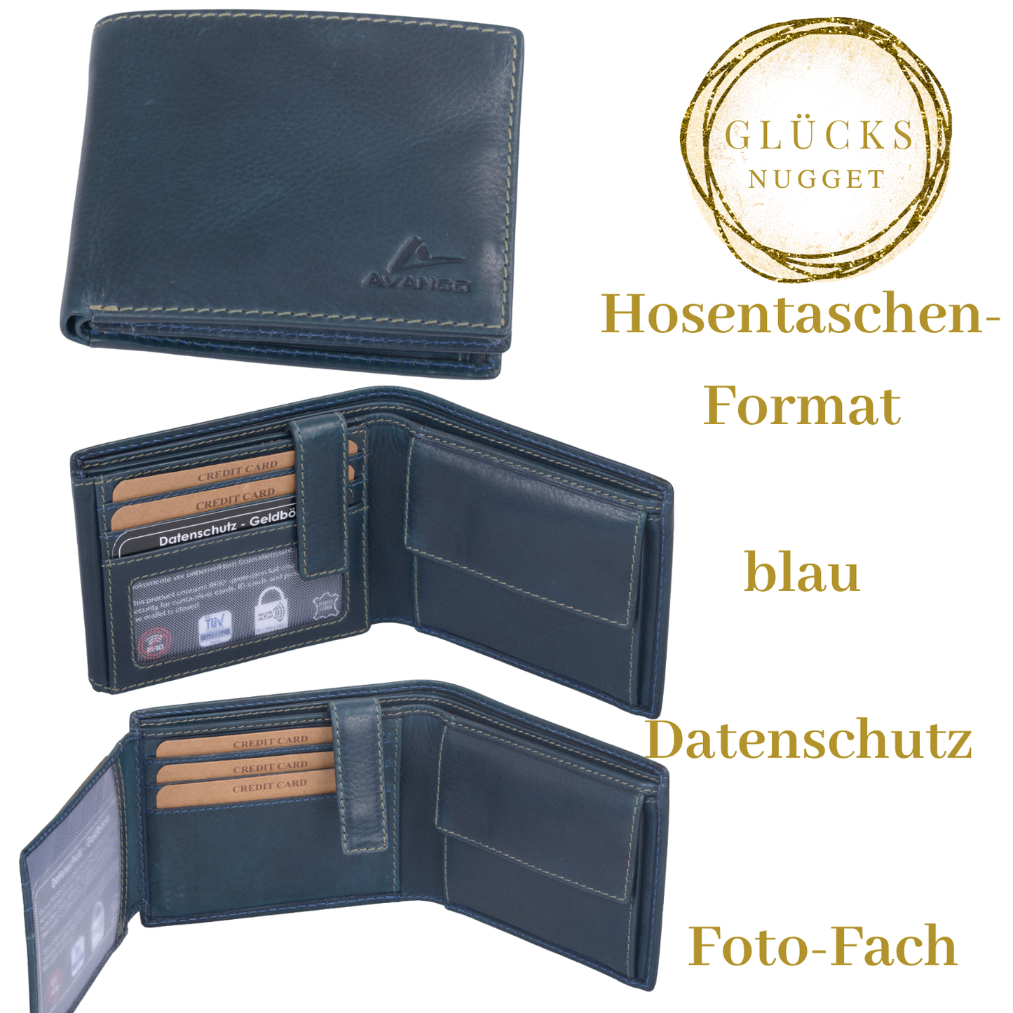 Herrenbörse aus blauem Echtleder mit Foto-Sichtfenstern