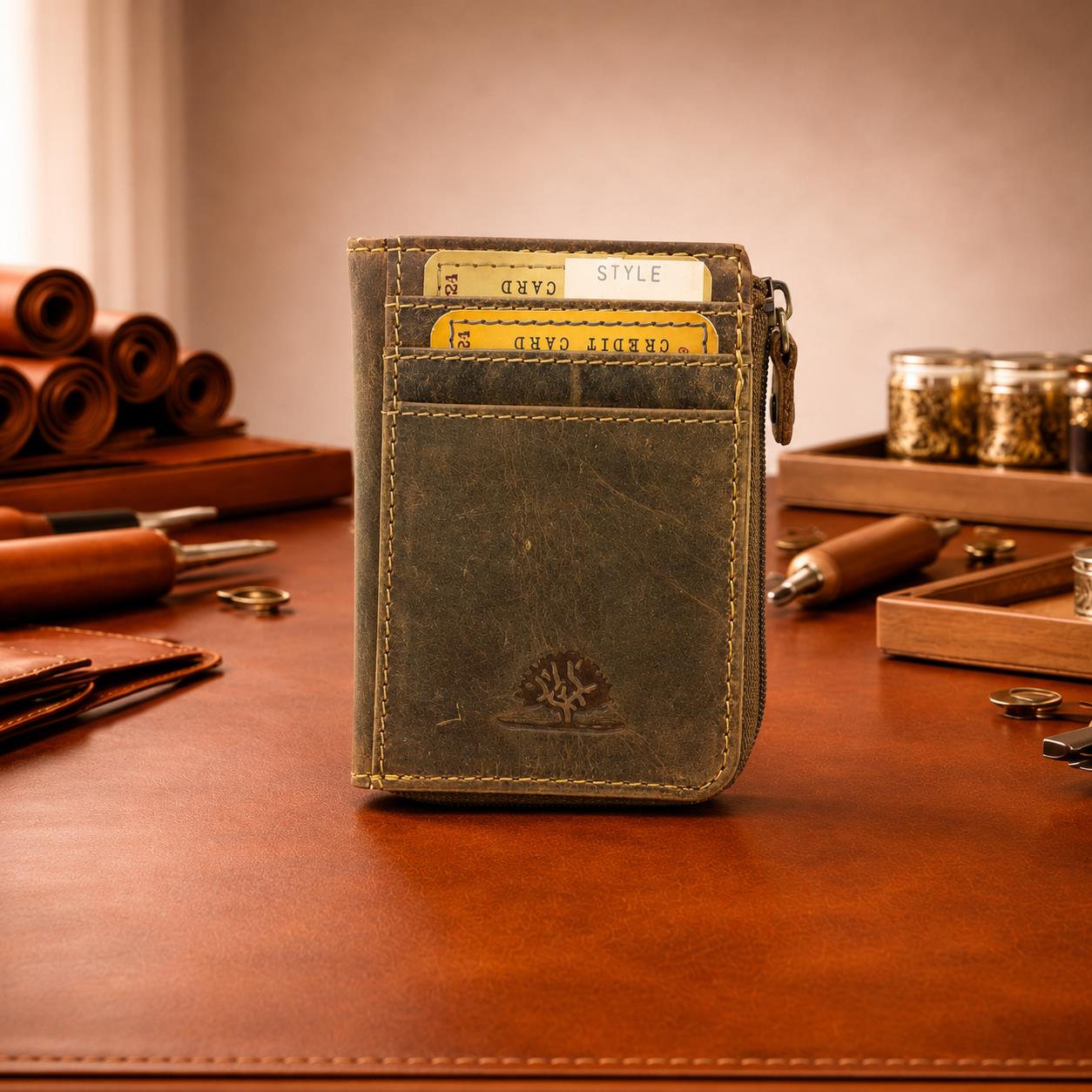 Mini Geldbörse Leder klein – Karten- und Münzbörse mit Reißverschluss, XS Portemonnaie Vintage Look braun