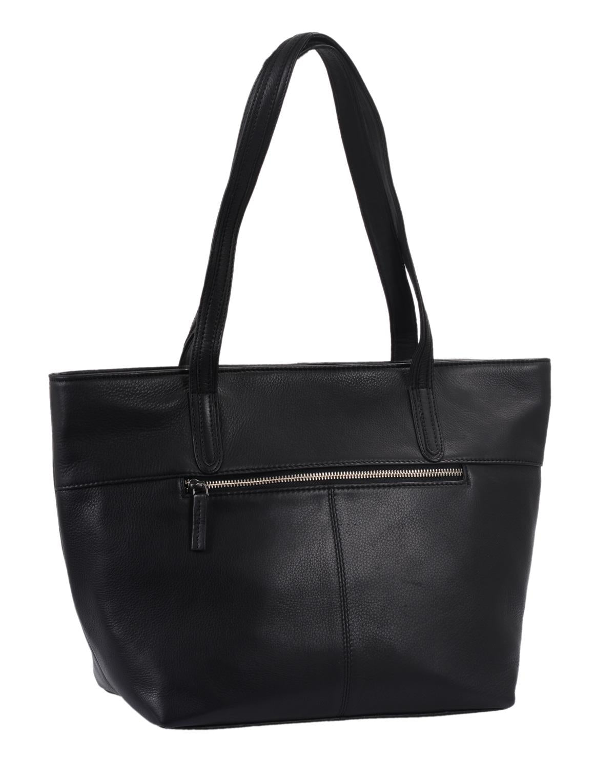 schwarze Ledershopper mit breitem Boden, Metallreißverschluss, Büffelleder
