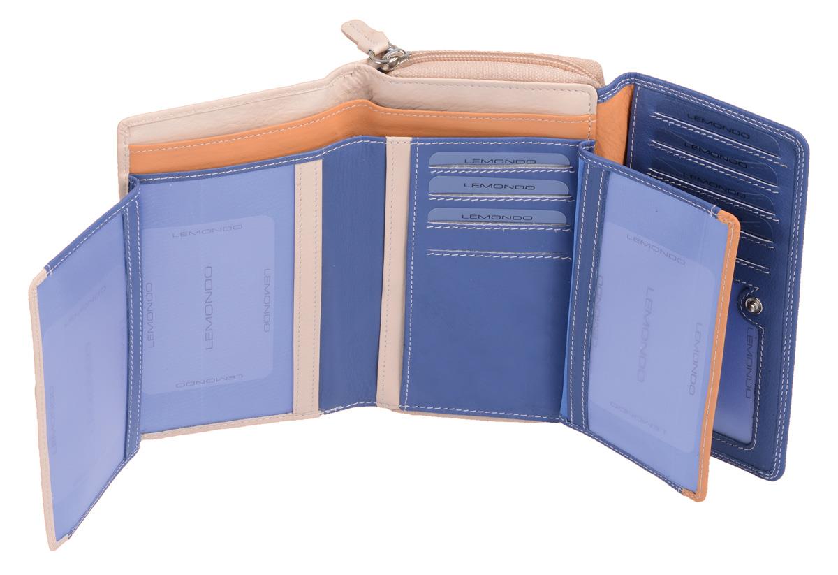 Lemondo Damenlangbörse, Leder, viele Kartenfächer, blau/beige/orange