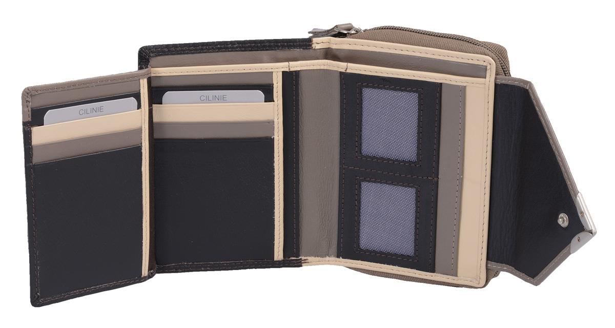 Leder Reißverschlussbörse schwarz-taupe – Damen Geldbörse mit schräger Klappe & RFID