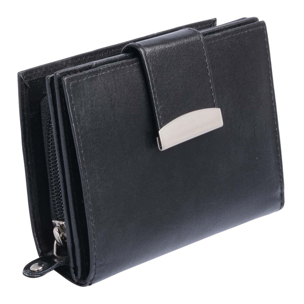 Damenreißverschlussbörse Leder, eckig mit Lasche, schwarz