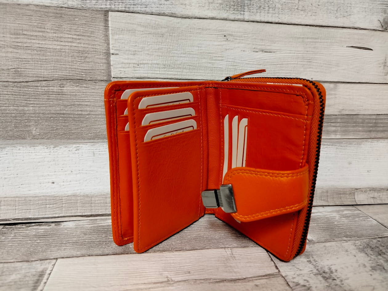 Leder Geldbörse Damen orange klein – Schlossbörse mit 9 Kartenfächern – kompakte Damenbörse aus Leder – Geschenk für sie
