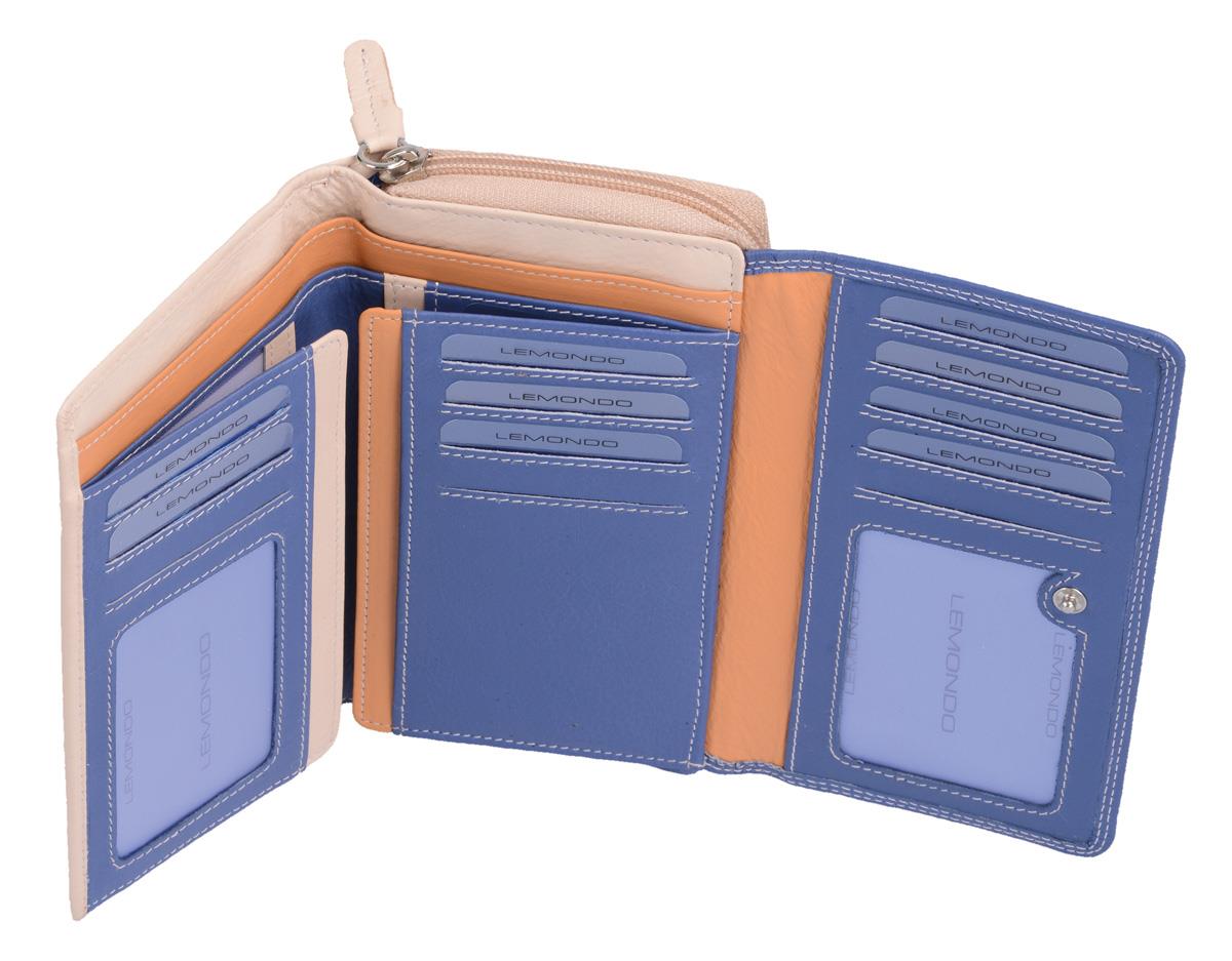 Lemondo Damenlangbörse, Leder, viele Kartenfächer, blau/beige/orange