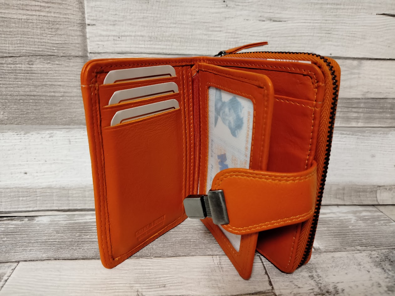Leder Geldbörse Damen orange klein – Schlossbörse mit 9 Kartenfächern – kompakte Damenbörse aus Leder – Geschenk für sie