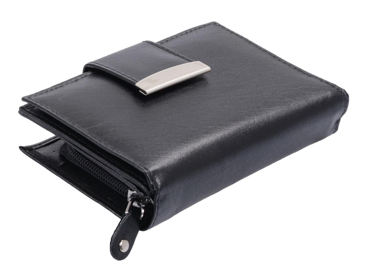 Damenreißverschlussbörse Leder, eckig mit Lasche, schwarz