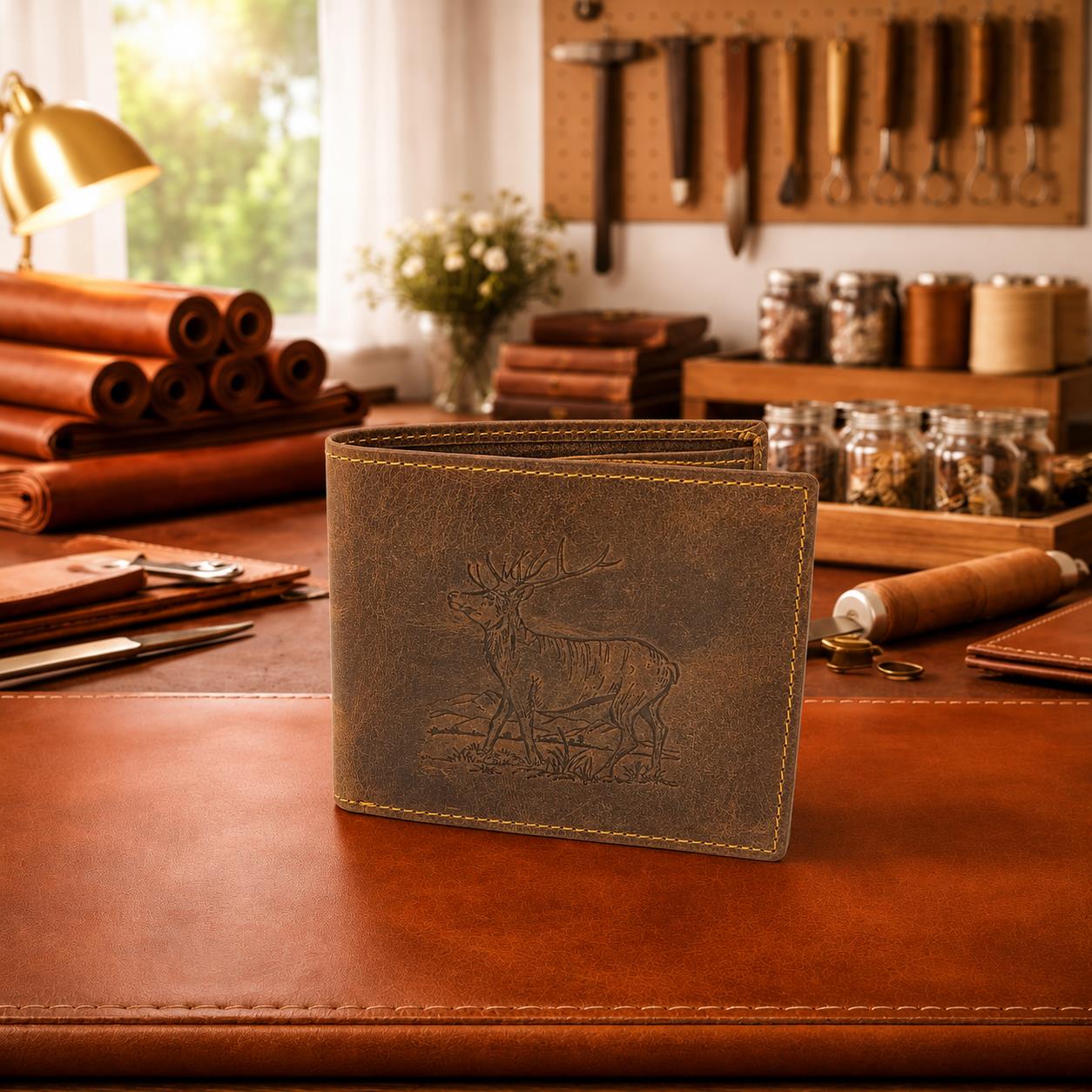 Vintage Scheintasche extra Ausweisfach Stag-3 Leder Hirsch Motiv