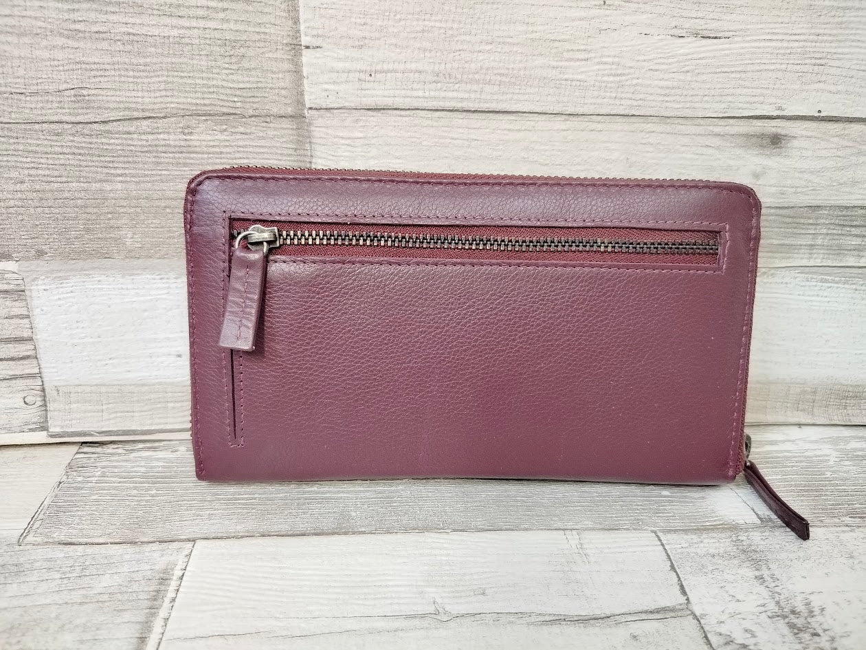 Leder Geldbörse Damen bordeaux mit Reißverschluss – große Damenbörse im Querformat aus Leder – Greenburry Spongy