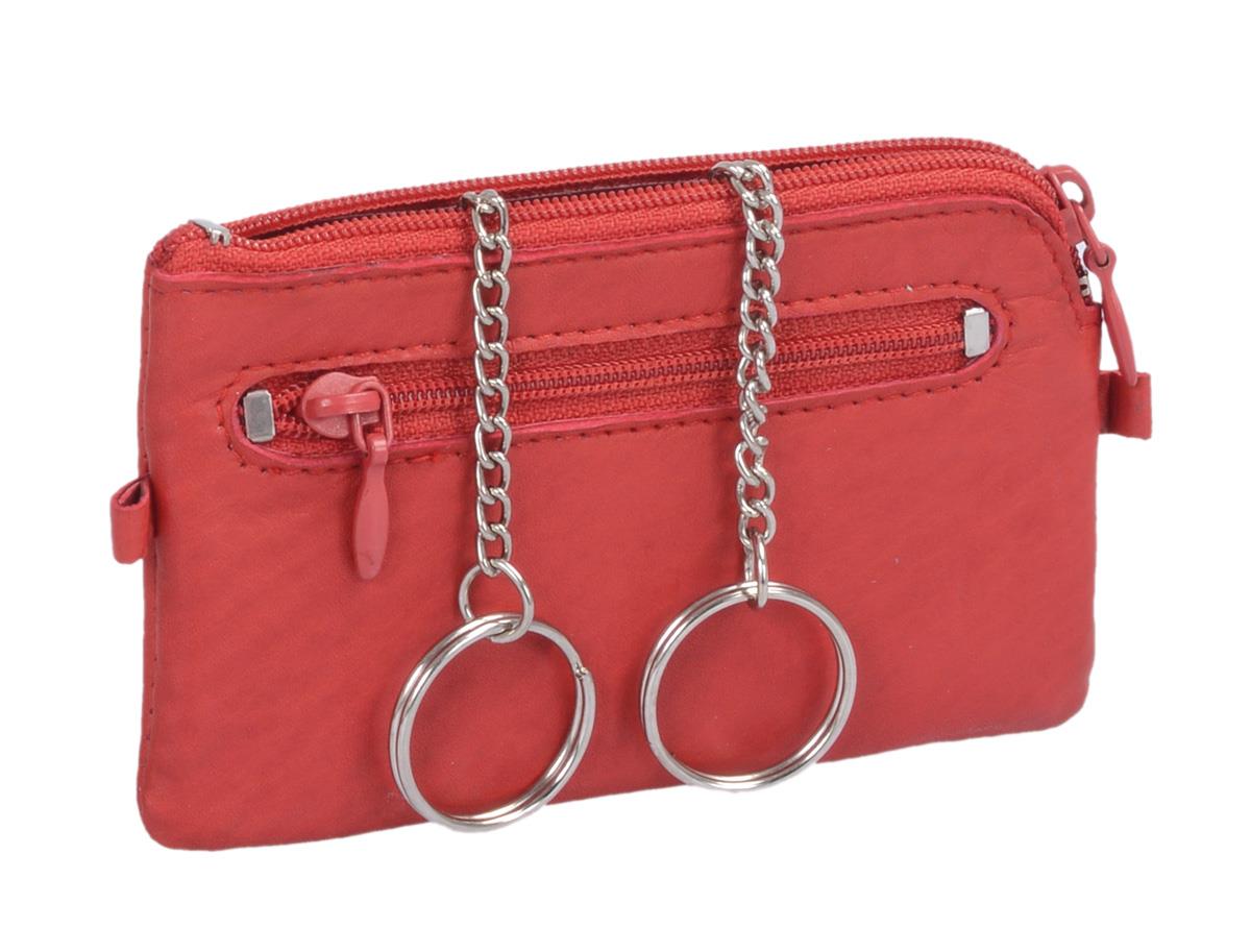 rote Leder Schlüsseltasche mit 2 Ringen und Metallkette Schlüsseletui